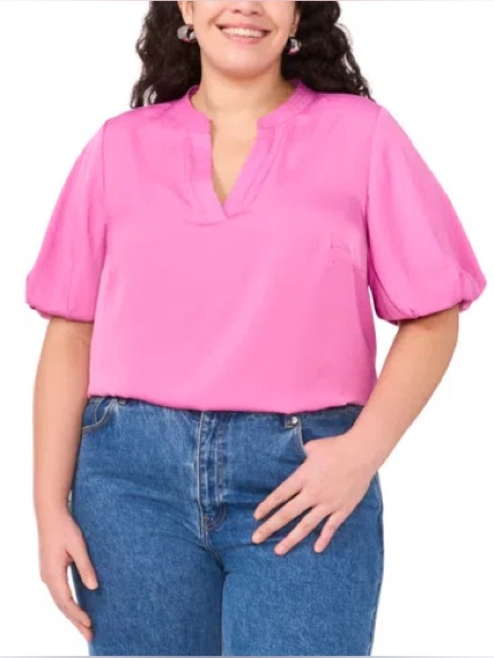 Vince Camuto Plus Size Split-Neck Puffed-Sleeve Top in Pink, Size 3X, NWT